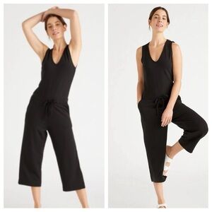 Quince Jumpsuit M Black French Terry Modal Sleeveless Crop V-Neck Wide Leg Soft